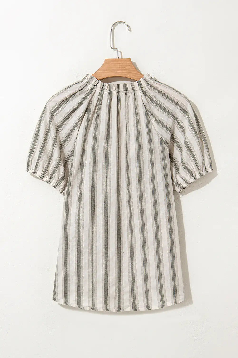 Gray Stripe Frilled Tie Neck Short Sleeve Blouse CaRaUaNa Fashion
