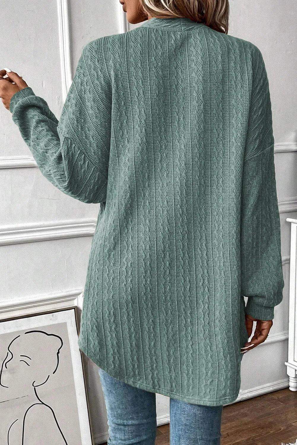 Textured Pocketed Open Front Long Sleeve Cover Up CaRaUaNa Fashion