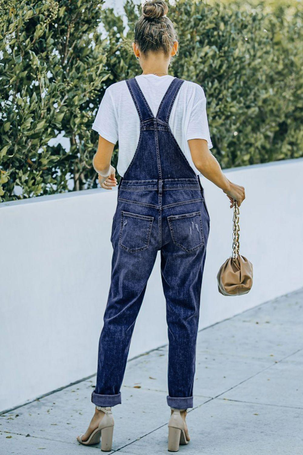 Pocketed Distressed Denim Overalls Carauana Store