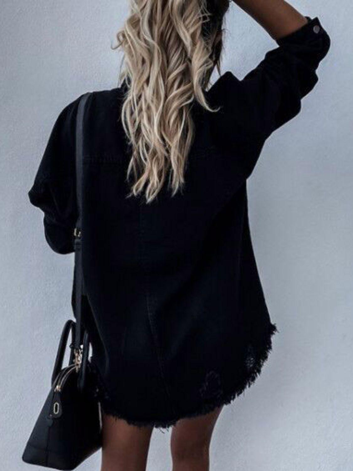 Raw Hem Collared Neck Long Sleeve Denim Jacket Carauana Store