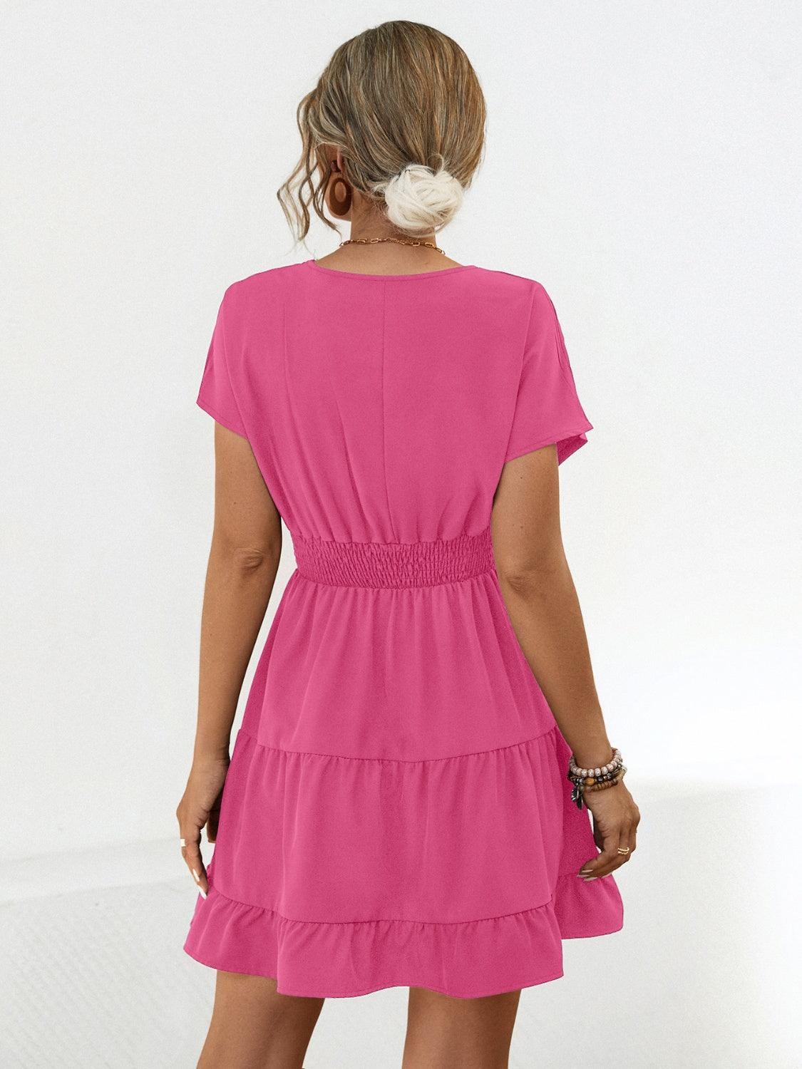 Ruffled Smocked V-Neck Tiered Dress Carauana Store
