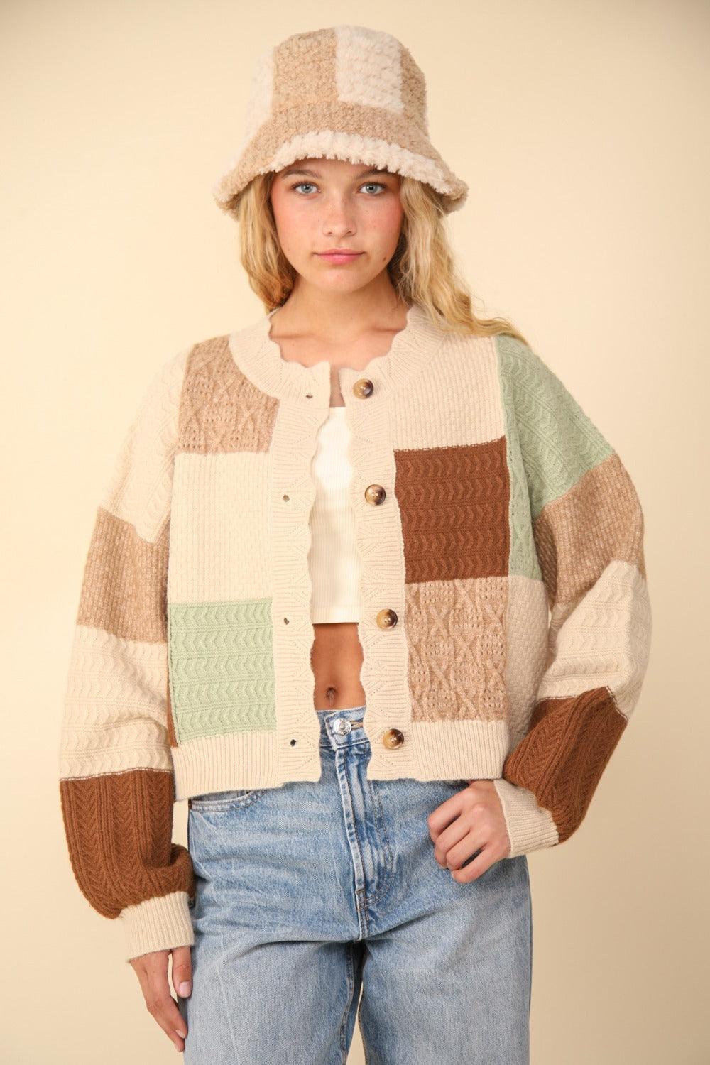 VERY J Color Block Button Down Textured Sweater Cardigan Carauana Store