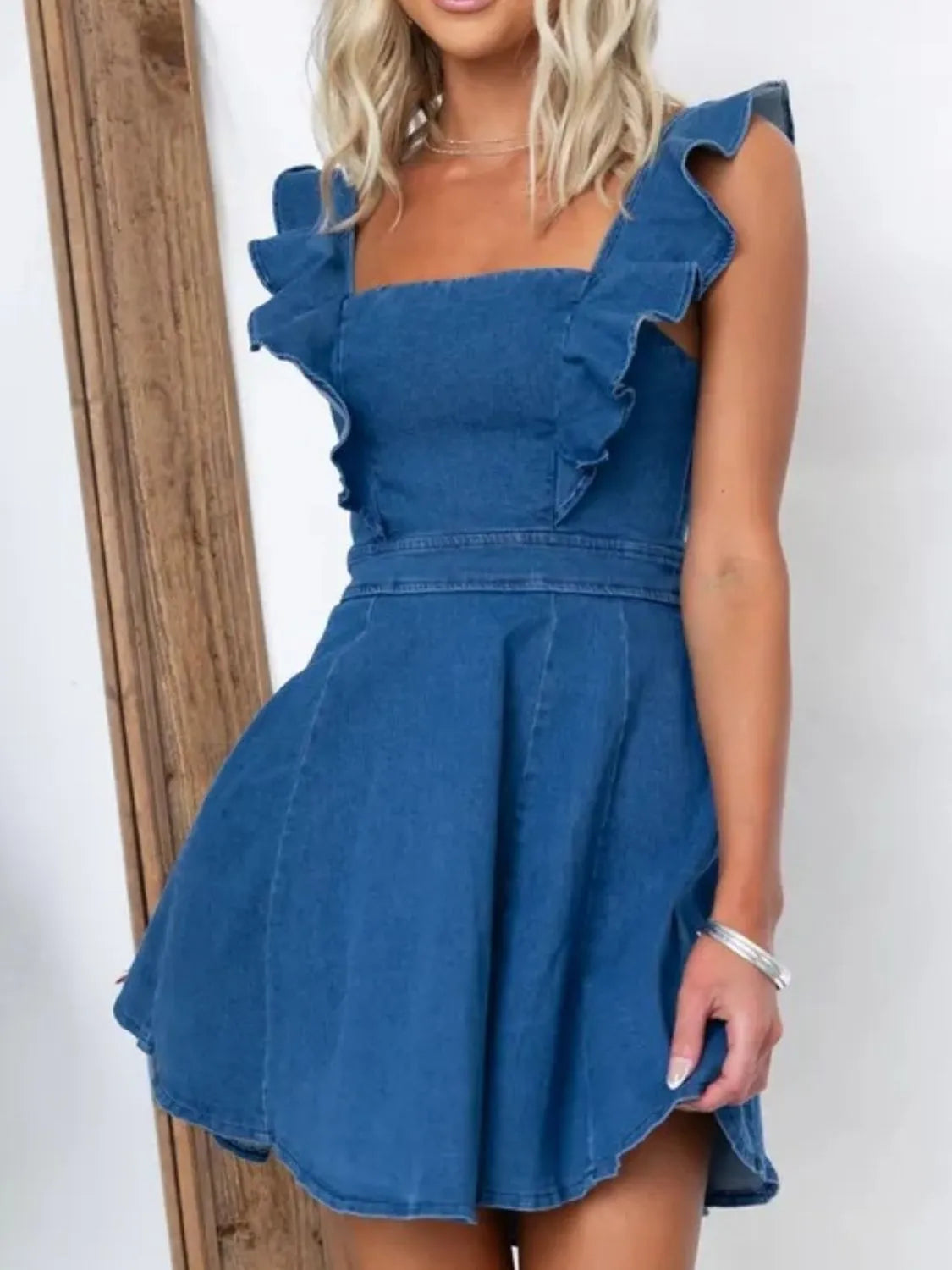 Ruffled Square Neck Denim Mini Dress Carauana Store