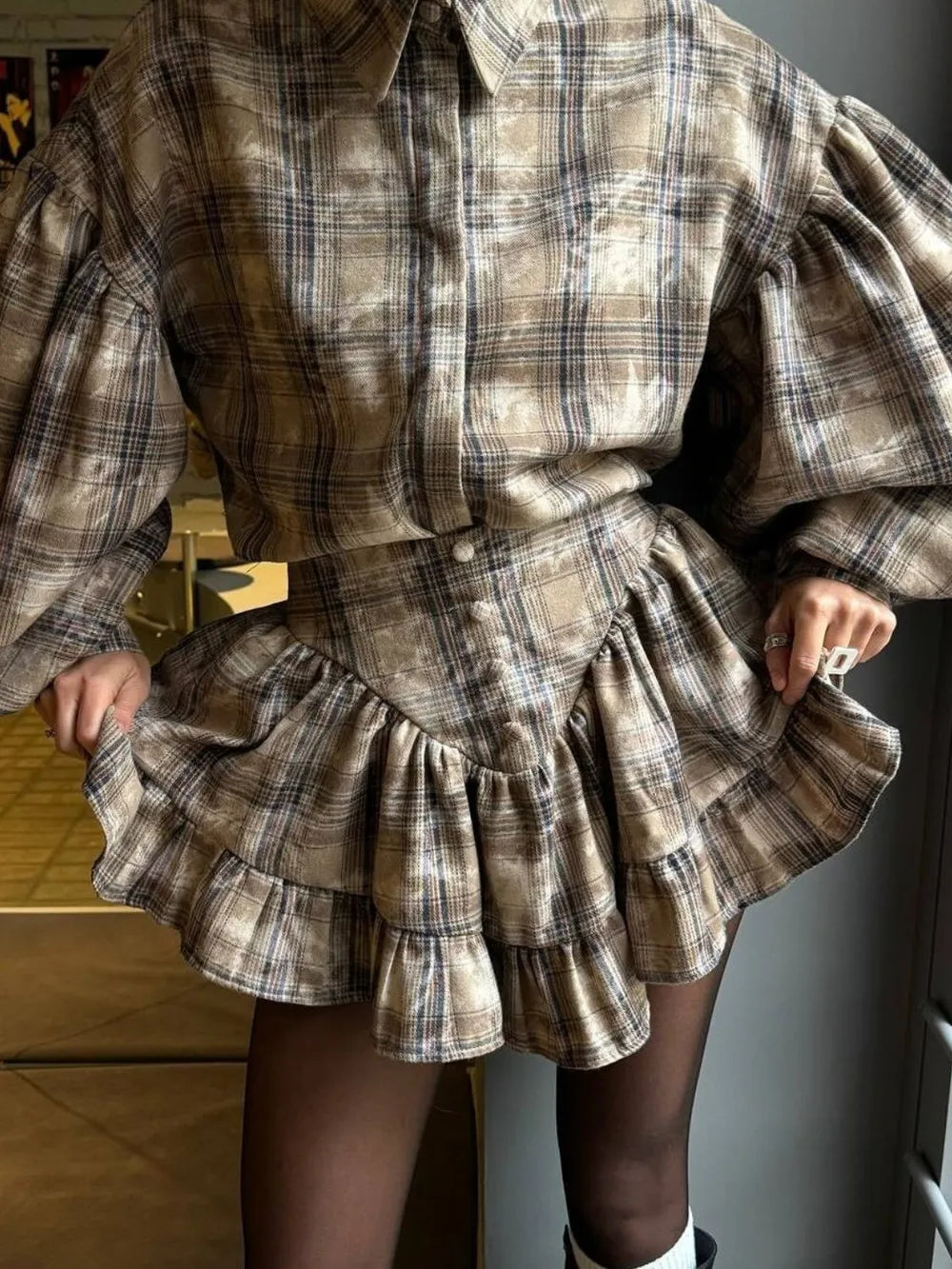 Lantern Sleeve Shirt and Ruffled Skirt Set Carauana Store