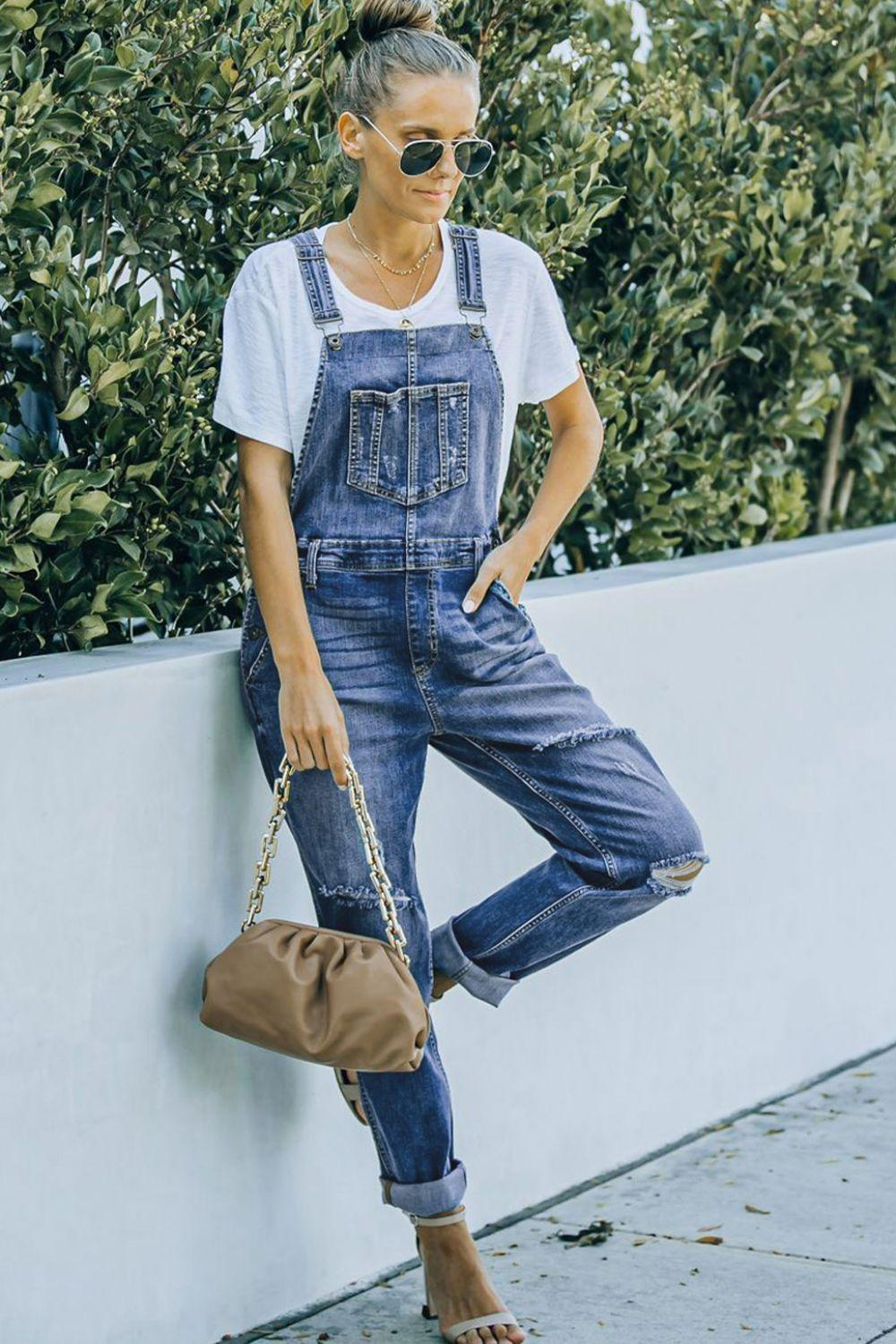 Pocketed Distressed Denim Overalls Carauana Store
