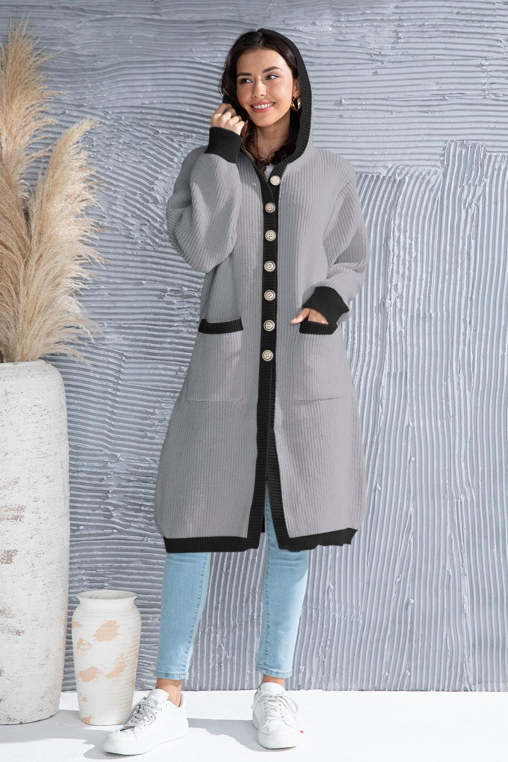 Button Up Contrast Trim Hooded Cardigan Carauana Store