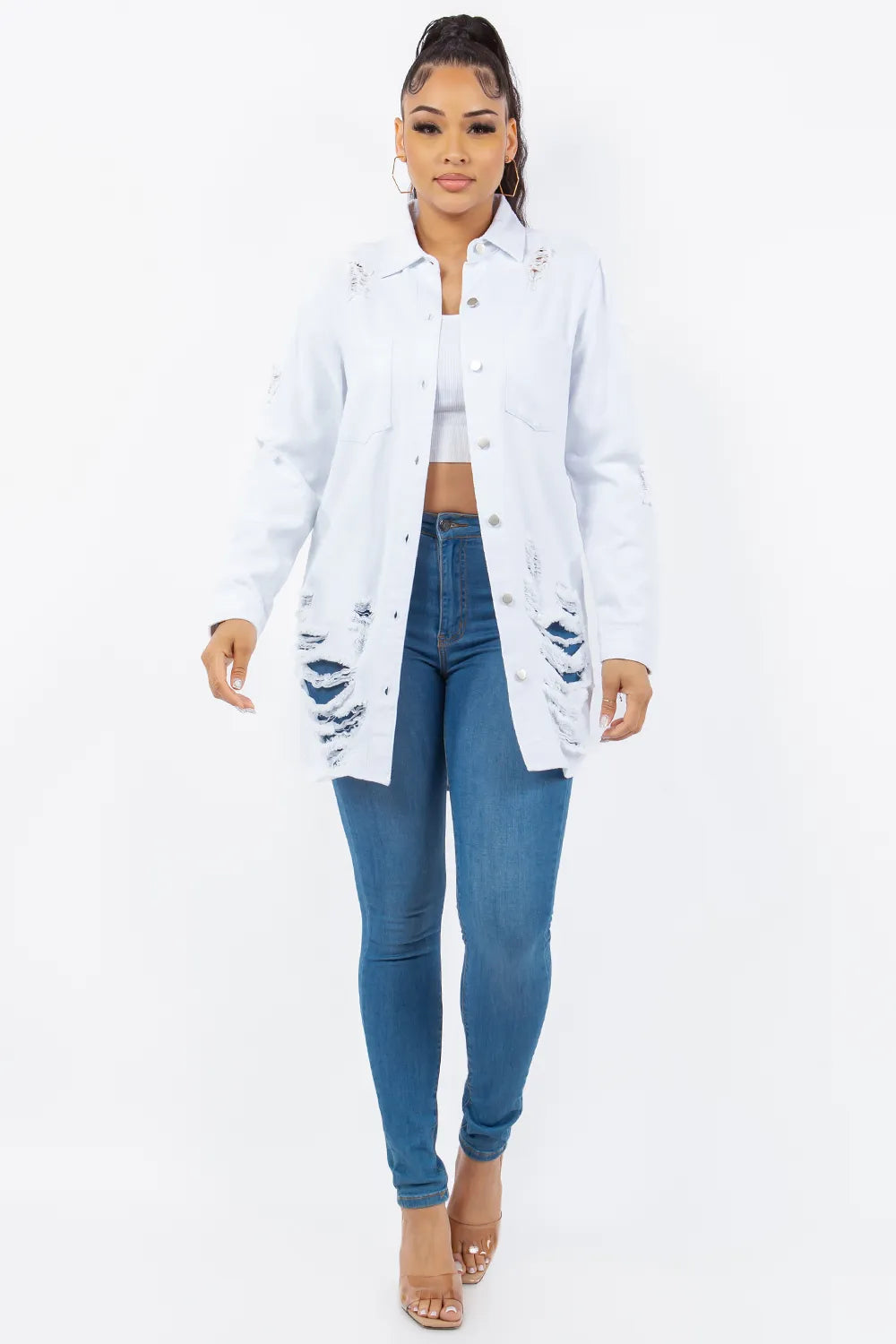 American Bazi Distressed Button Up Long Sleeve Denim Jacket Carauana Store