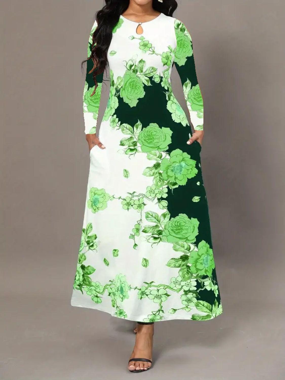 Pocketed Printed Long Sleeve Dress Carauana Store