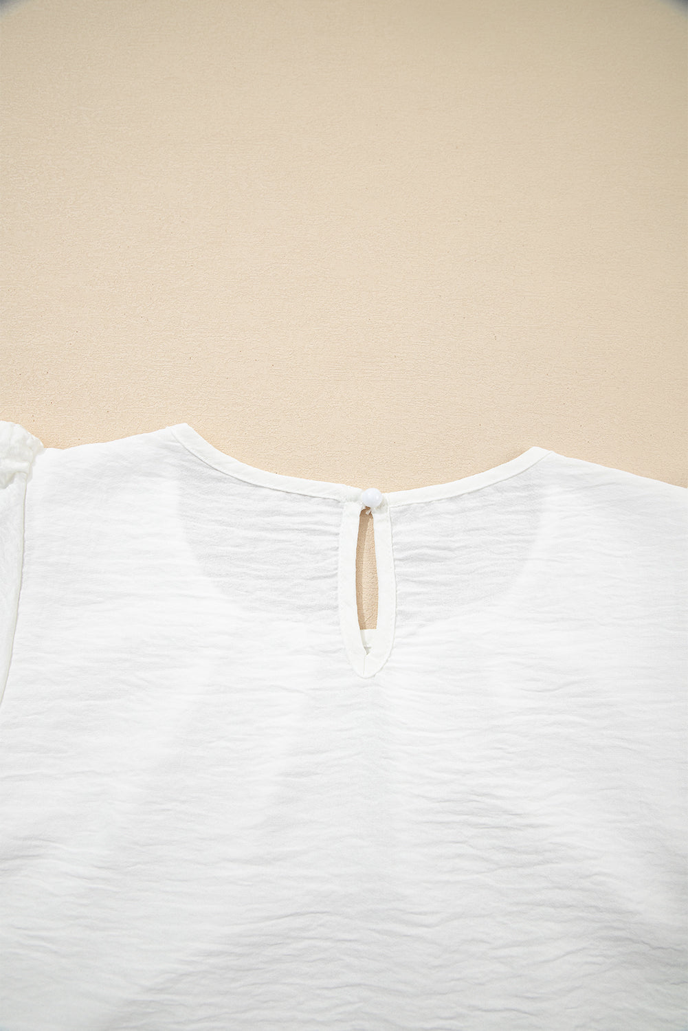 White Flounce Sleeve Pleated Textured Blouse