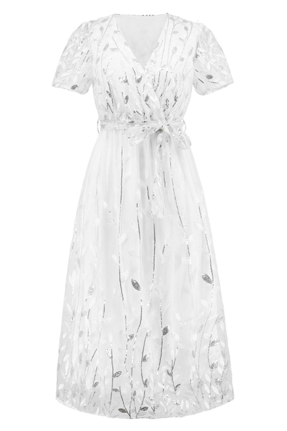 Sequin Leaf Embroidery Tie Front Short Sleeve Dress Carauana Store