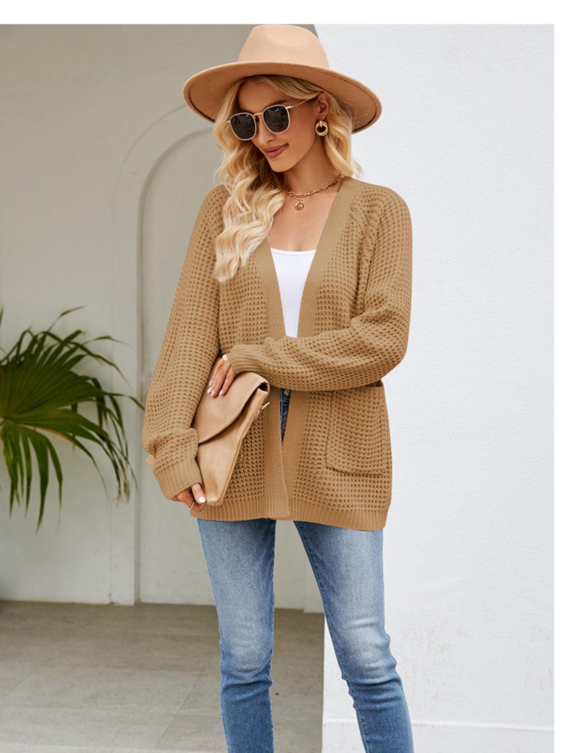 Open Front Raglan Sleeve Pocketed Cardigan Carauana Store