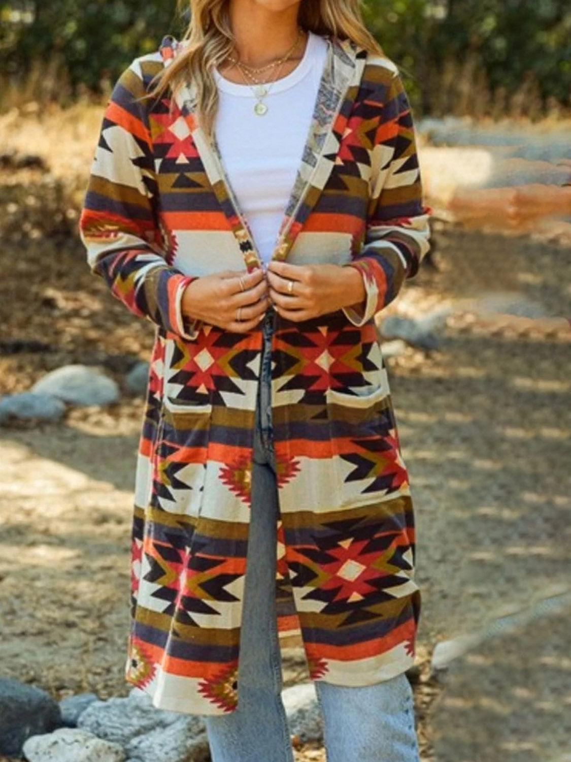 Geometric Hooded Cardigan with Pockets Carauana Store