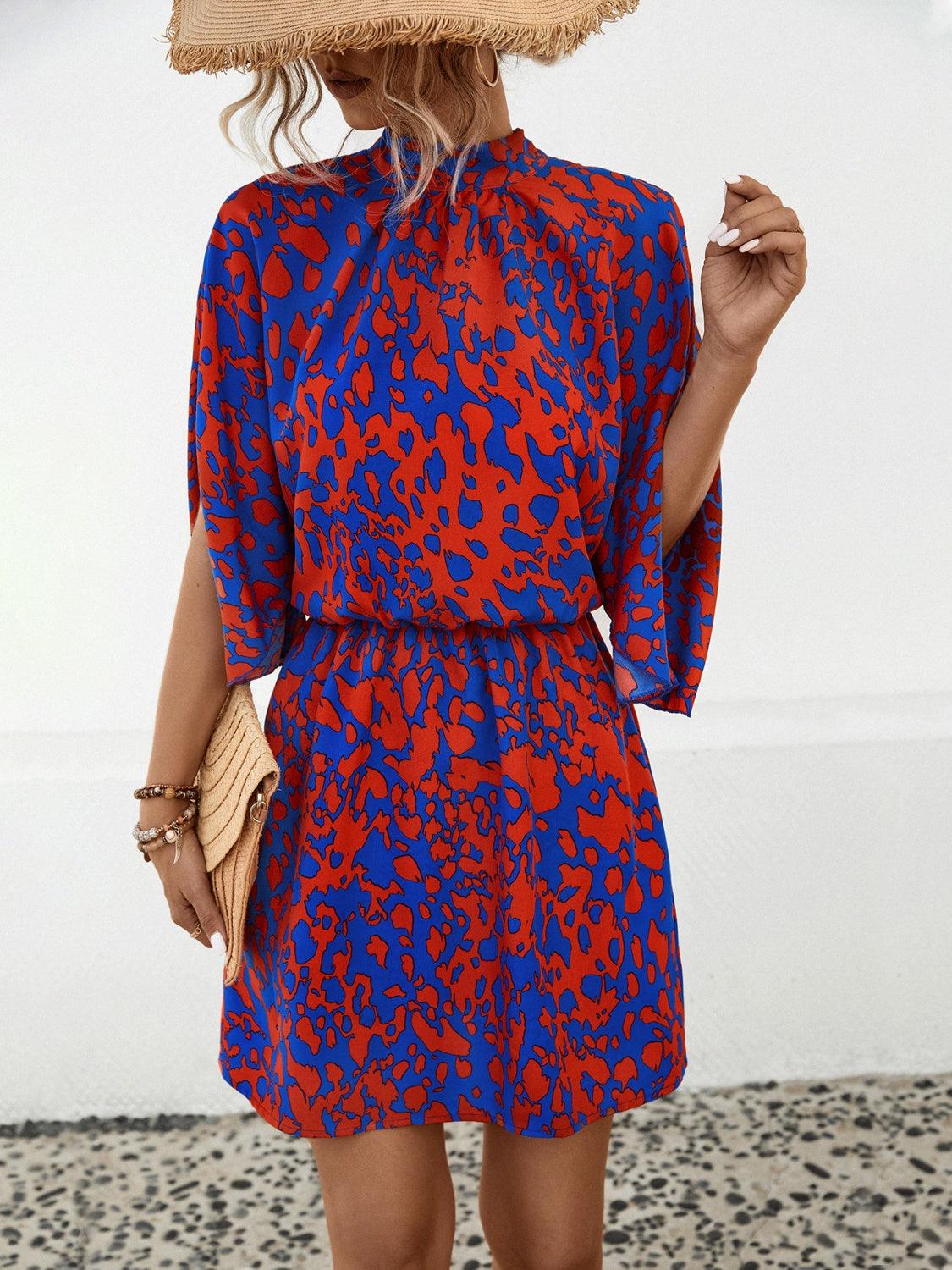 Tied Printed Mock Neck Mini Dress Carauana Store