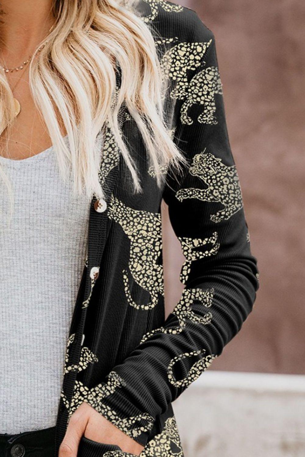 Animal Pattern Ribbed Button Up Long Sleeve Cardigan Carauana Store