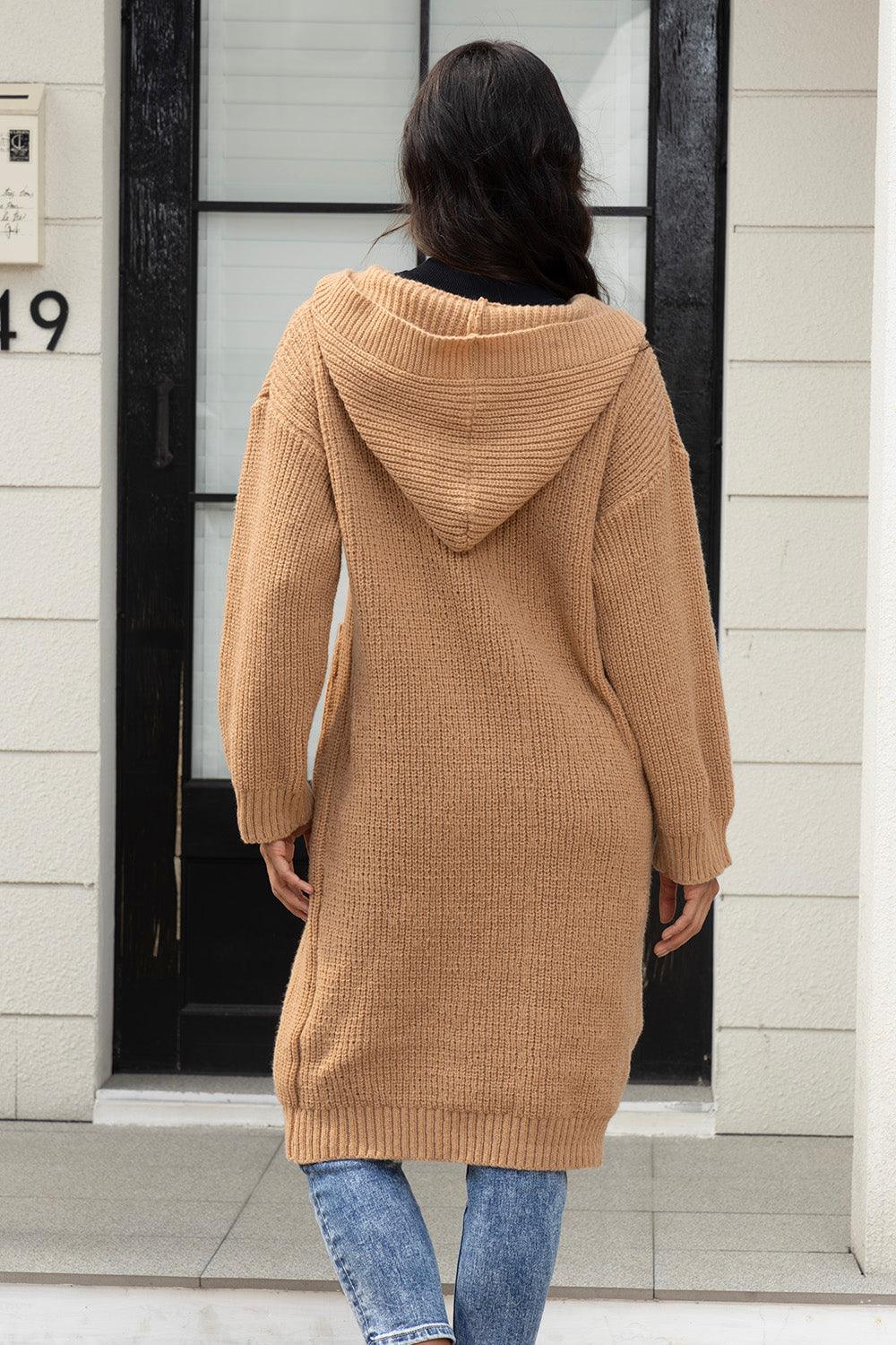 Button Up Long Sleeve Hooded Cardigan with Pockets Carauana Store