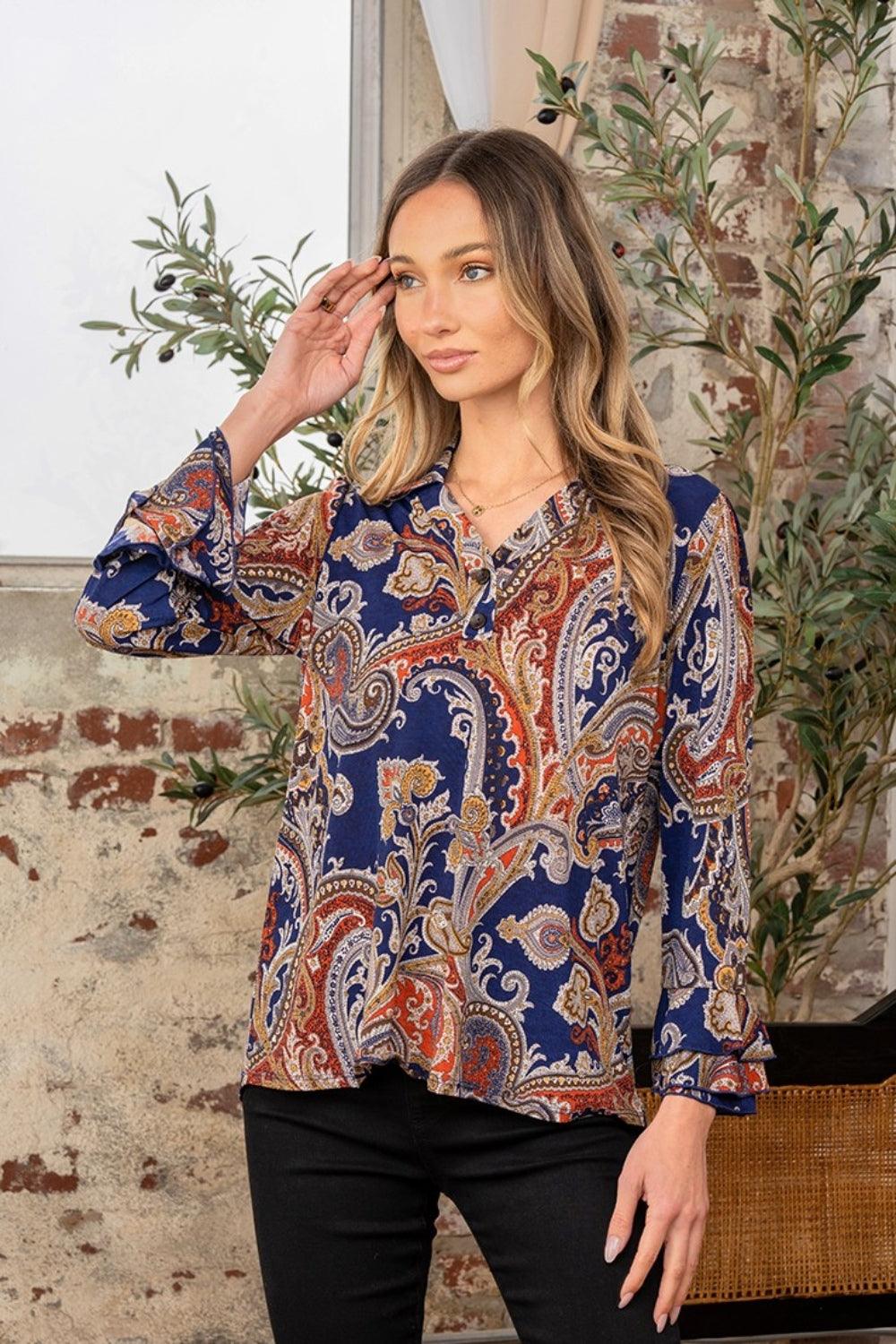 Sew In Love Full Size Wrinkle Free Paisley Print Long Sleeve Top Carauana Store