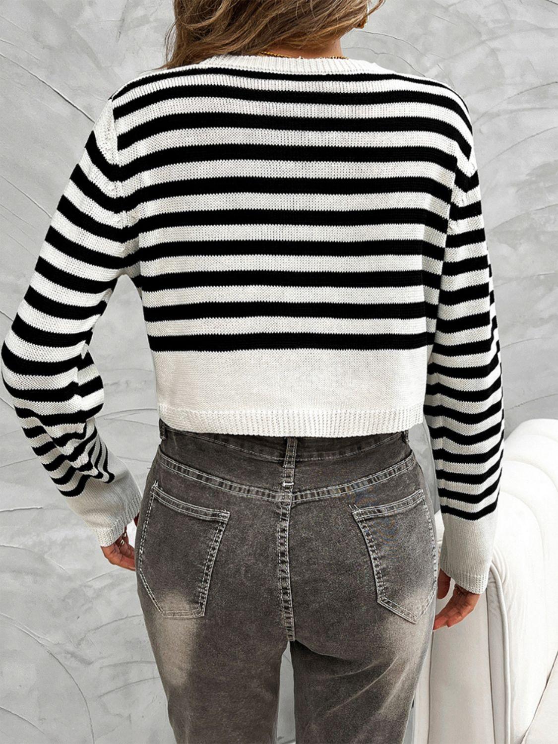 Devine Striped Round Neck Button Down Cardigan Carauana Store