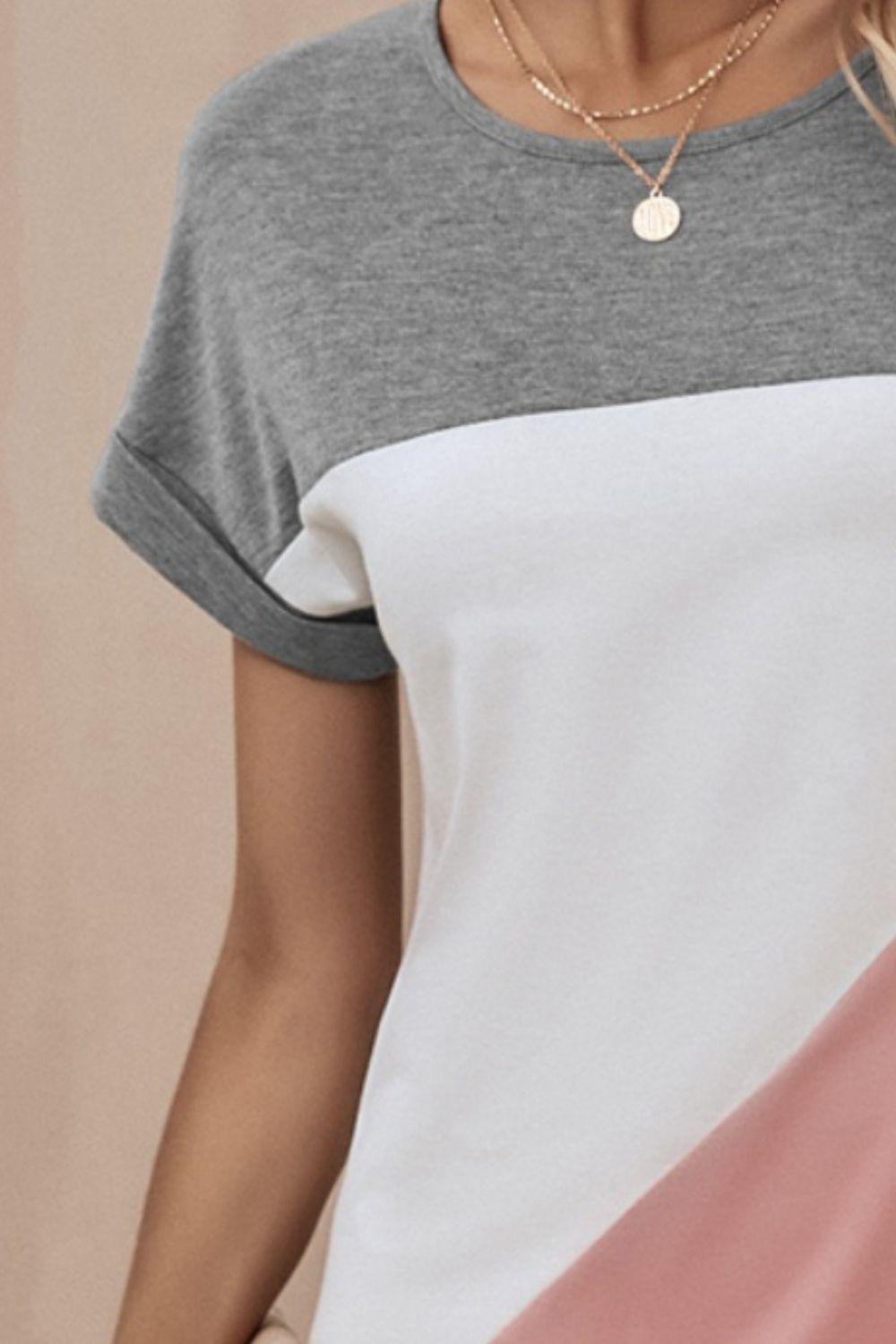 Color Block Round Neck Short Sleeve Dress Carauana Store