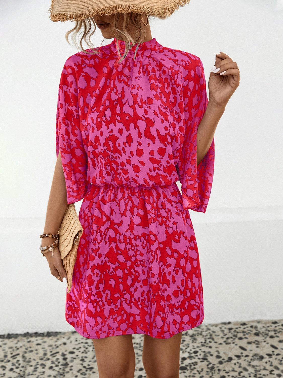 Tied Printed Mock Neck Mini Dress Carauana Store
