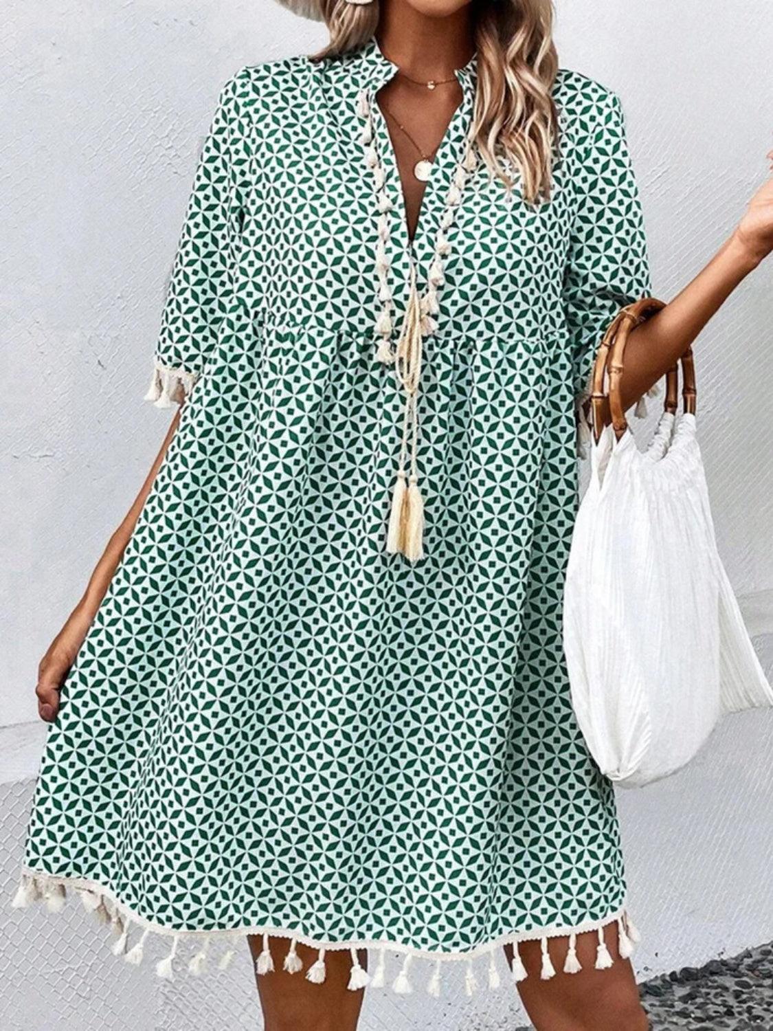 Tassel Printed Notched Half Sleeve Mini Dress Carauana Store