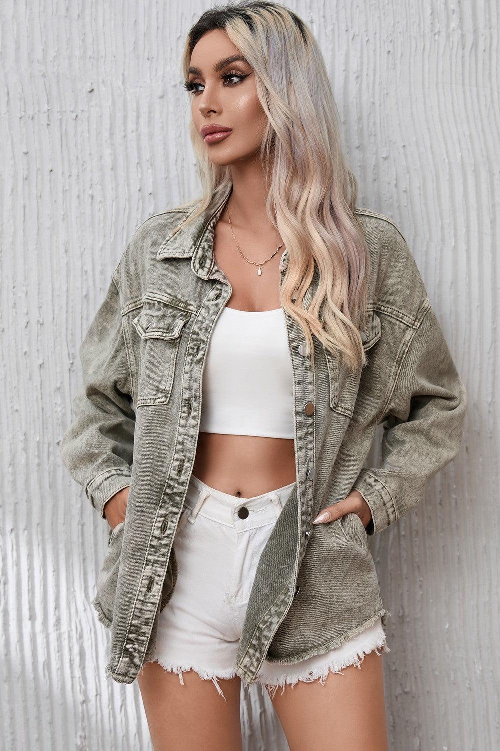 Button Up Pocketed Raw Hem Denim Jacket Carauana Store