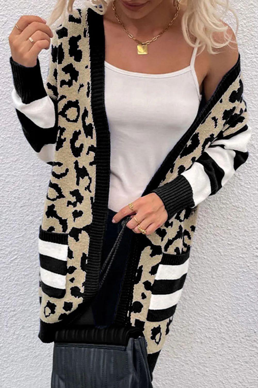 Leopard Open Front Long Sleeve Cardigan Carauana Store
