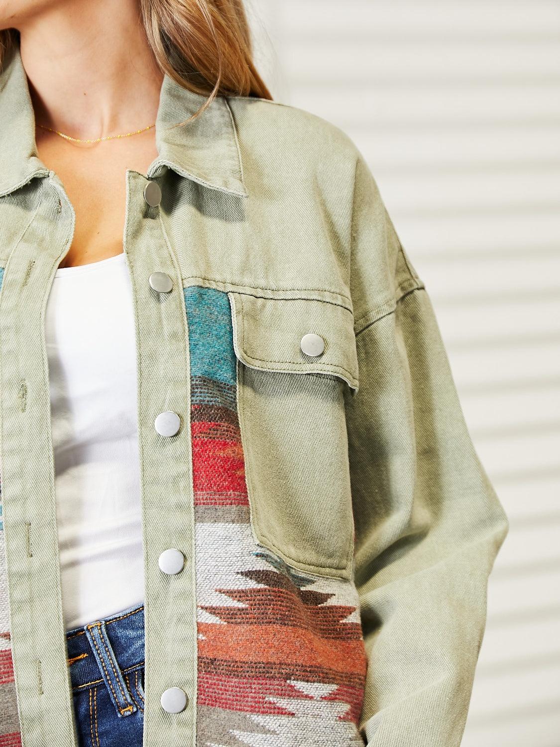 Dropped Shoulder Long Sleeve Printed Denim Jacket Carauana Store