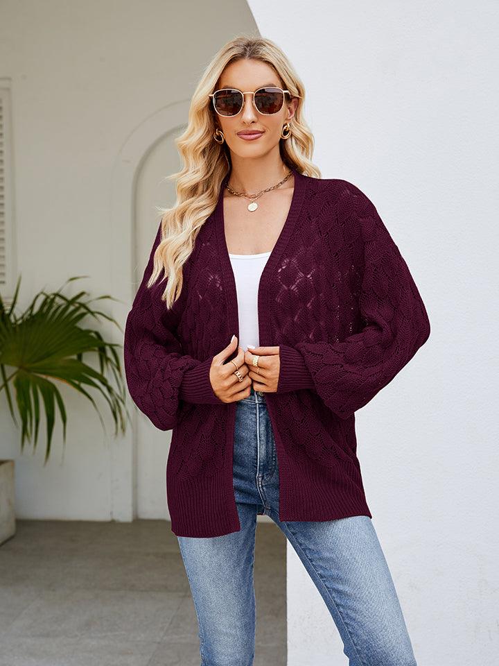 Openwork Open Front Lantern Sleeve Cardigan Carauana Store