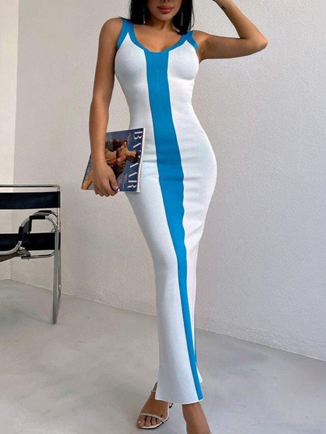 Contrast Wide Strap Slit Midi Dress Carauana Store