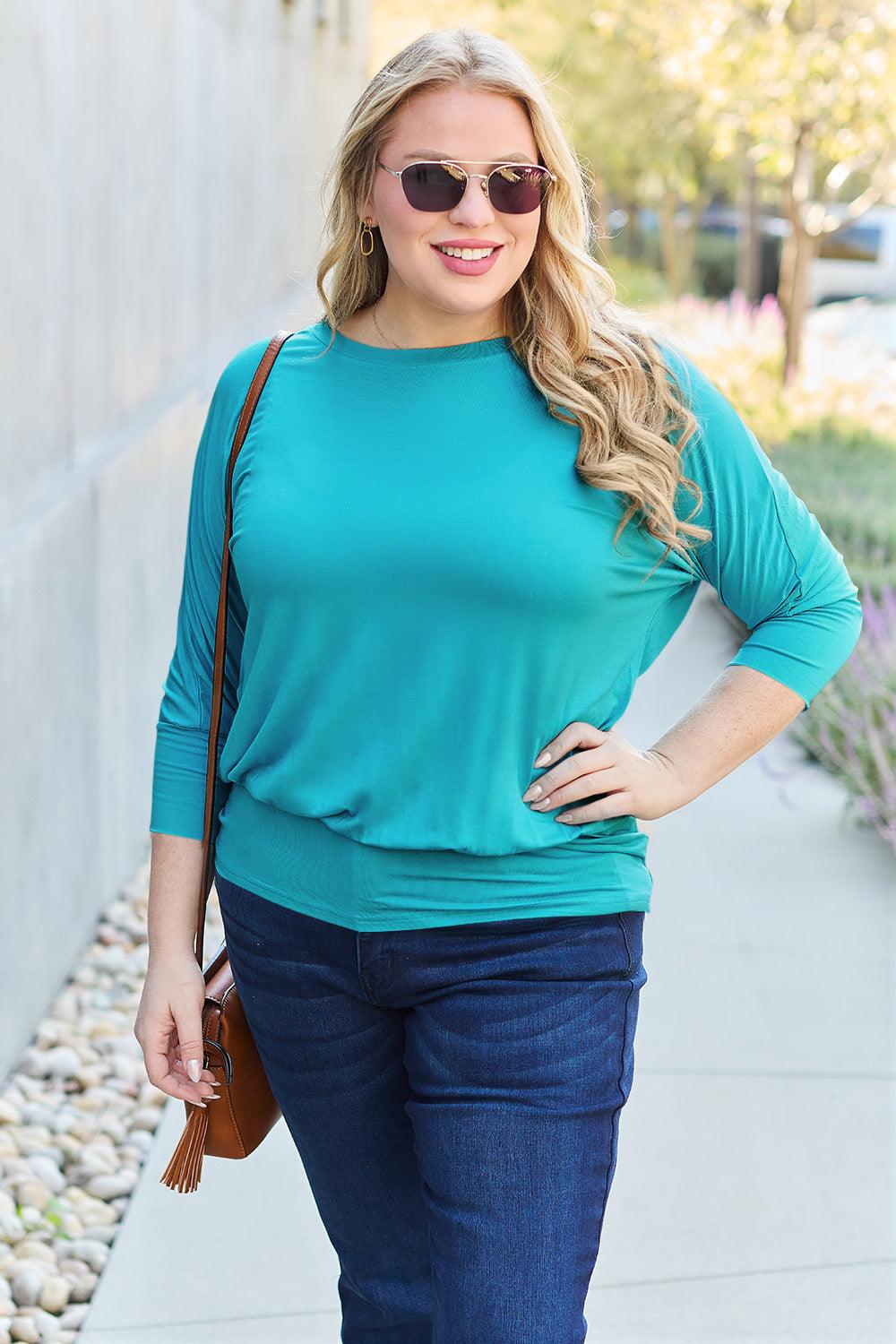 Basic Bae Full Size Round Neck Batwing Sleeve Blouse Carauana Store