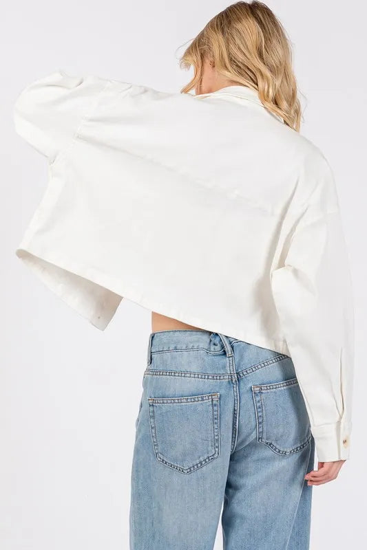 bytos Button Down Cropped Denim Jacket with Patch Pockets Carauana Store
