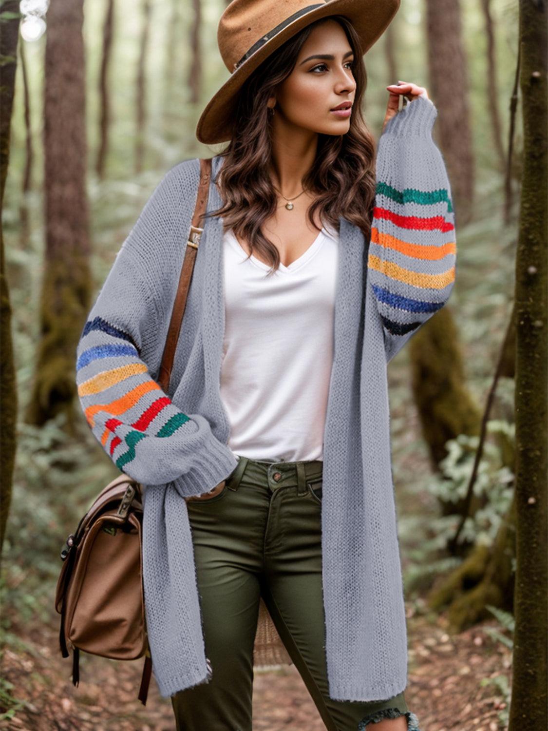 Striped Open Front Long Sleeve Cardigan Carauana Store