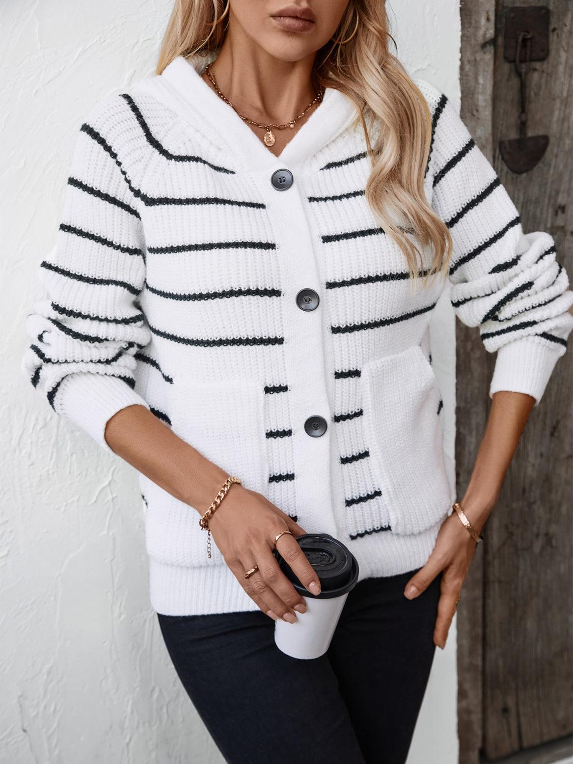 Striped Button Up Long Sleeve Hooded Cardigan Carauana Store