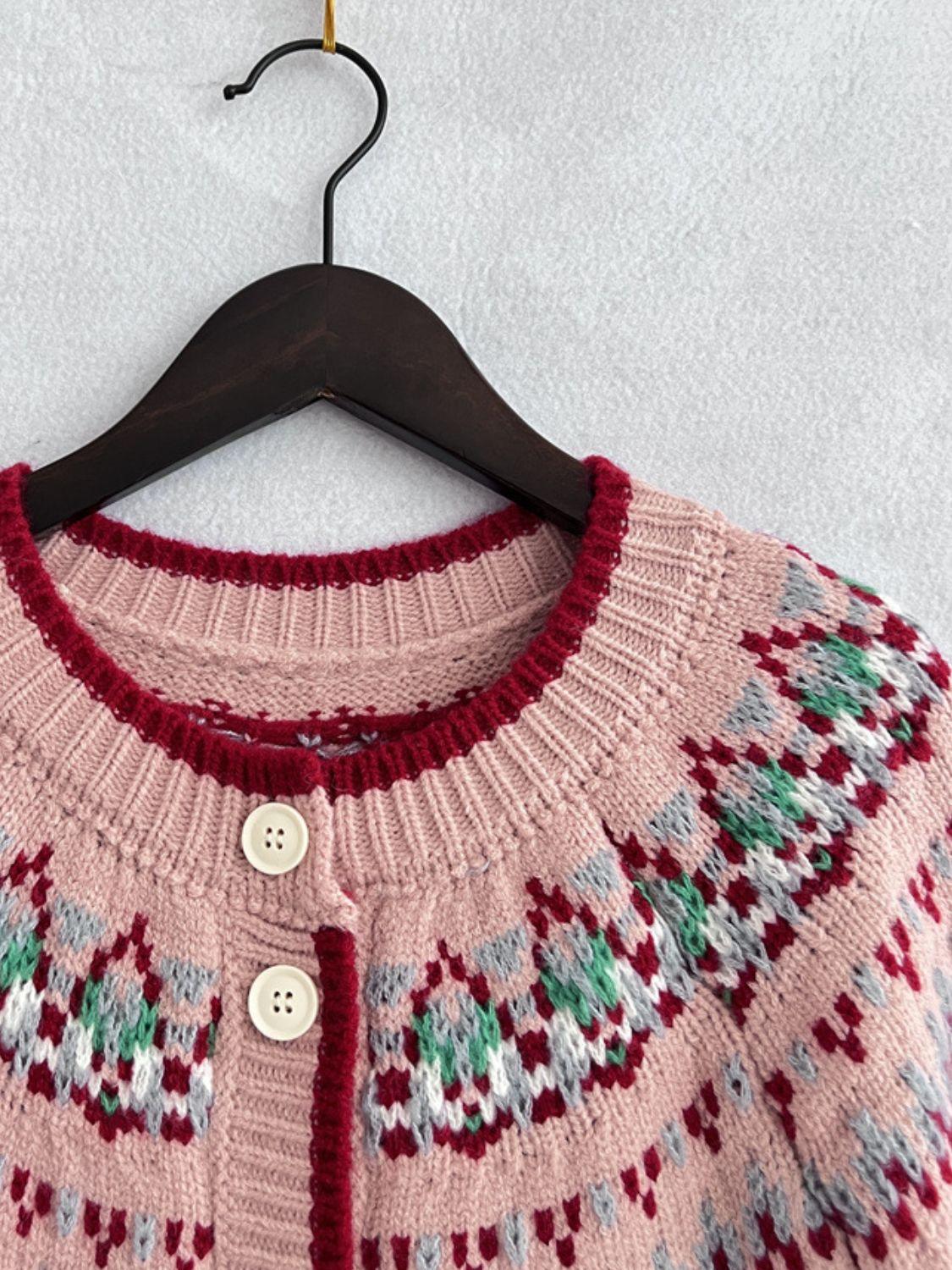Contrast Geometric Round Neck Long Sleeve Cardigan Carauana Store