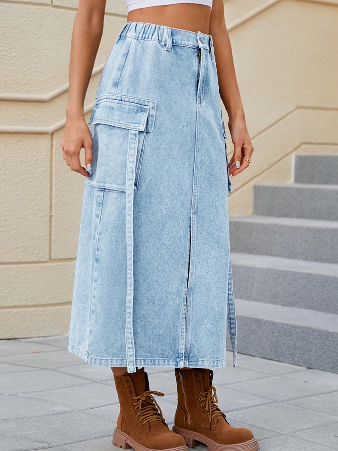 Slit Pocketed High Waist Denim Skirt Carauana Store