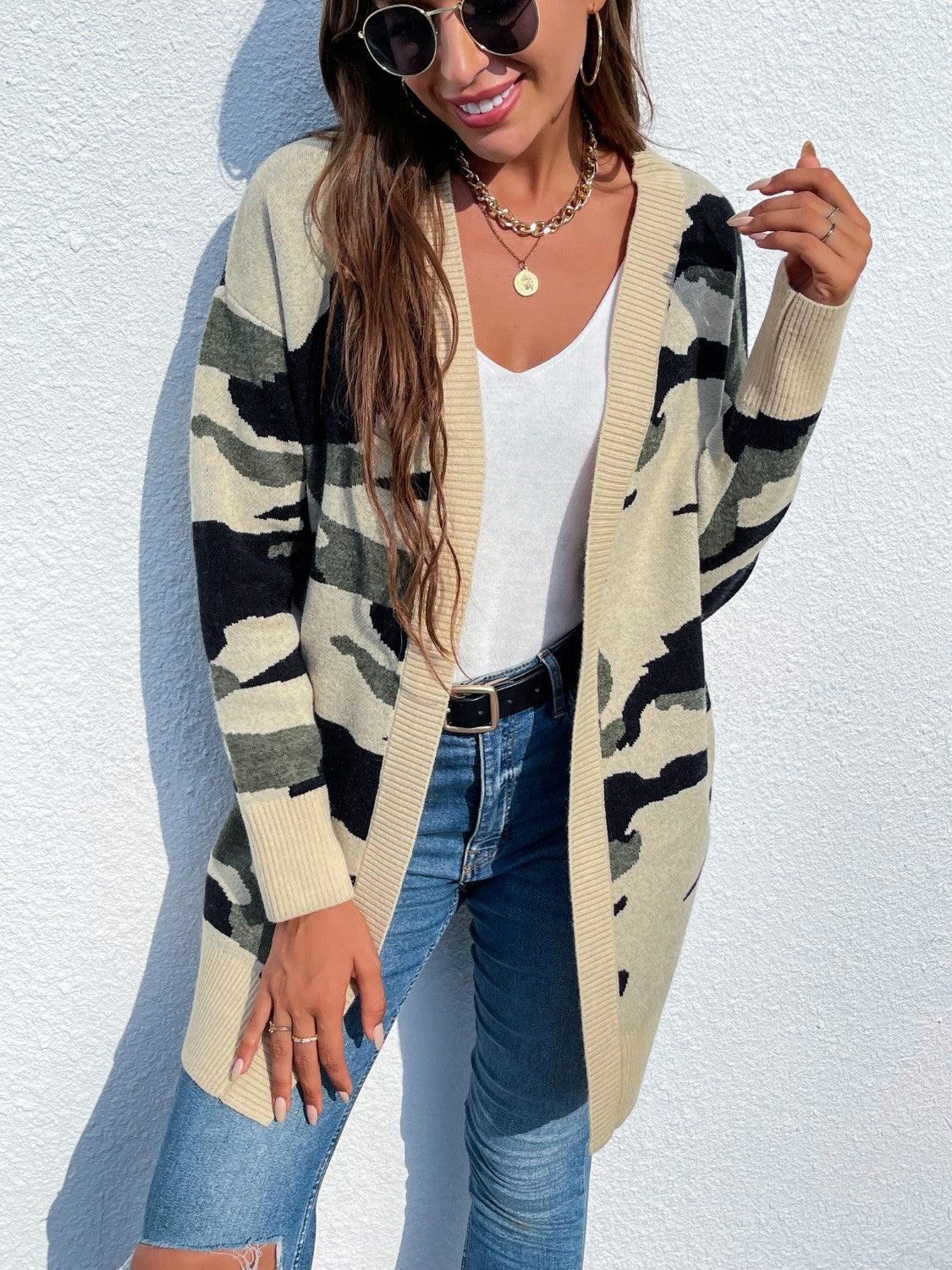 Camouflaged Dropped Shoulder Open Front Cardigan Carauana Store