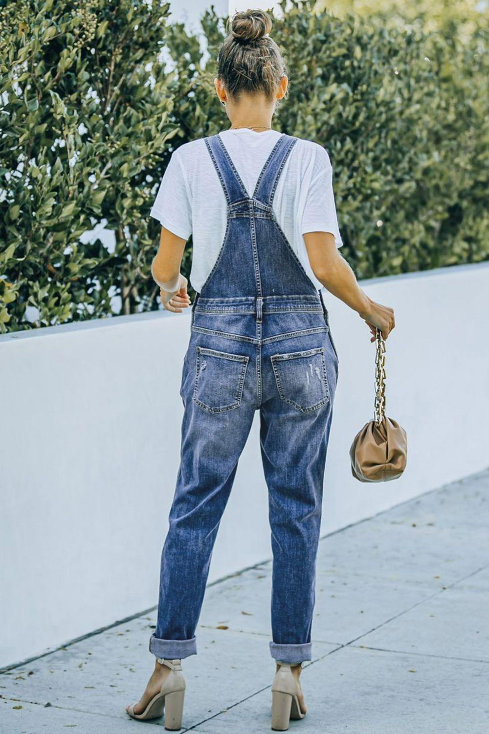 Pocketed Distressed Denim Overalls Carauana Store