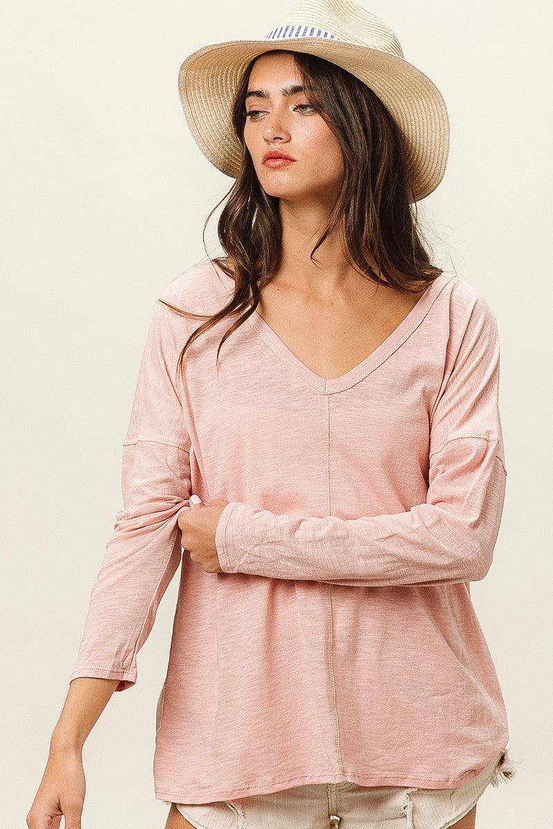 BiBi Exposed Seam V-Neck Long Sleeve T-Shirt Carauana Store