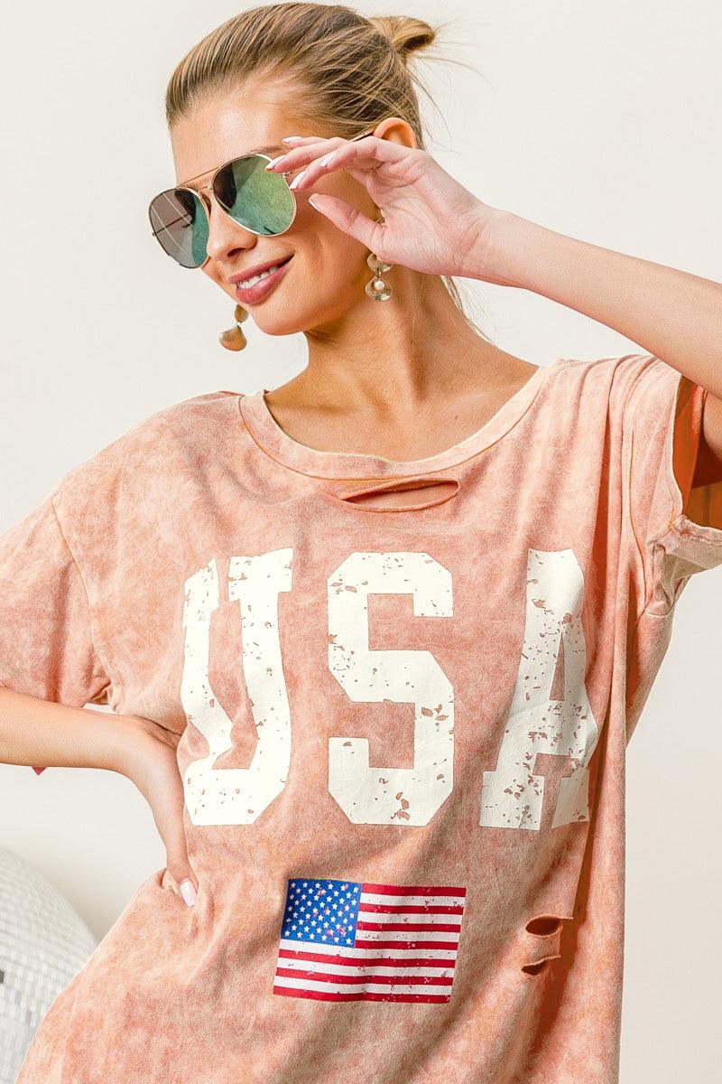 BiBi Washed American Flag Graphic Distressed T-Shirt Carauana Store