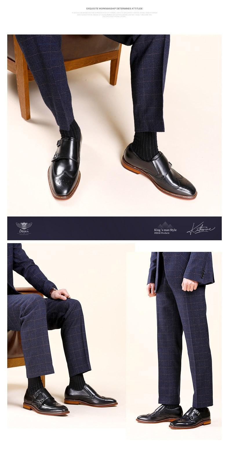 DESAI Monk Strap Slip on Genuine Leather Business Handmade Dress Brogue with Buckle Carauana Store