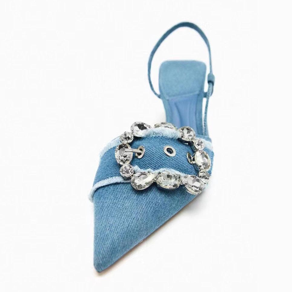 Denim Rhinestone Woman Pumps Wedding Slingback Elegant Shoes Carauana Store