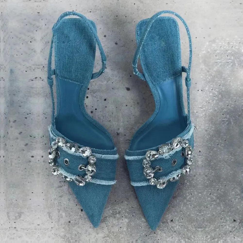 Denim Rhinestone Woman Pumps Wedding Slingback Elegant Shoes Carauana Store