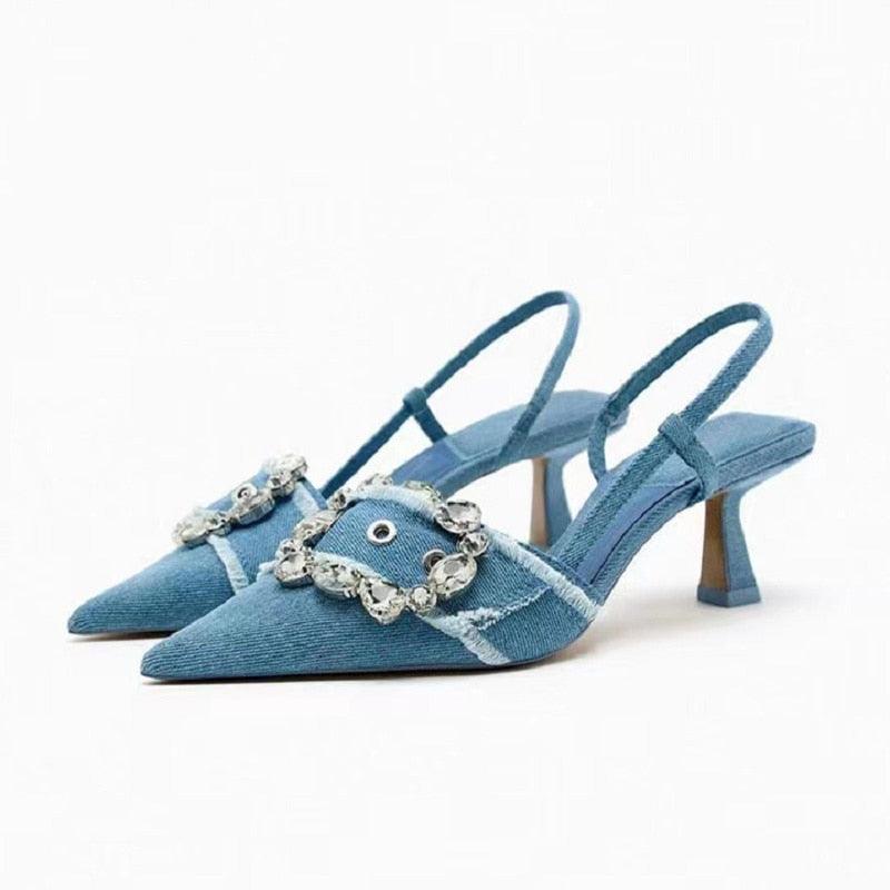 Denim Rhinestone Woman Pumps Wedding Slingback Elegant Shoes Carauana Store