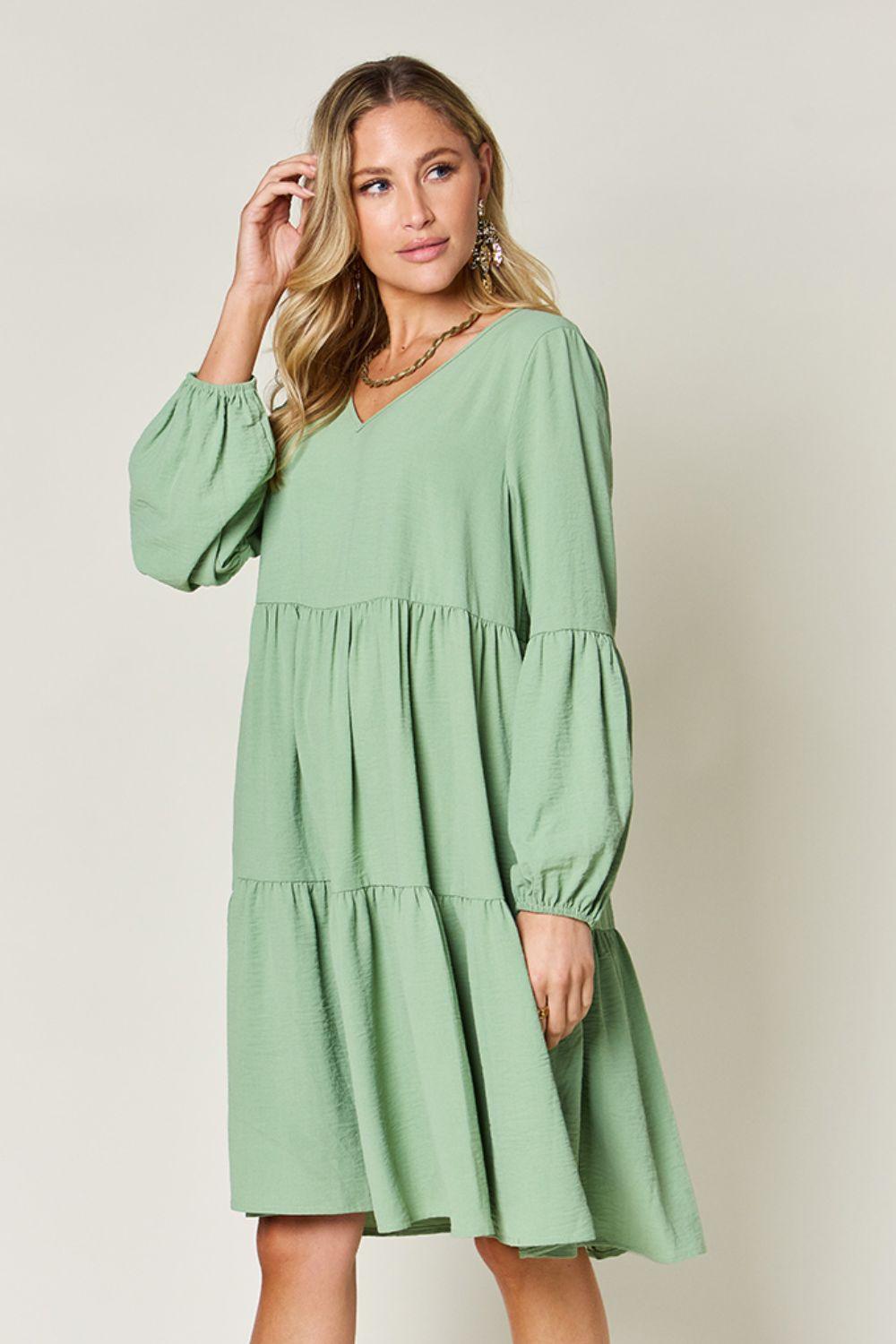 Double Take Full Size V-Neck Balloon Sleeve Tiered Dress Carauana Store