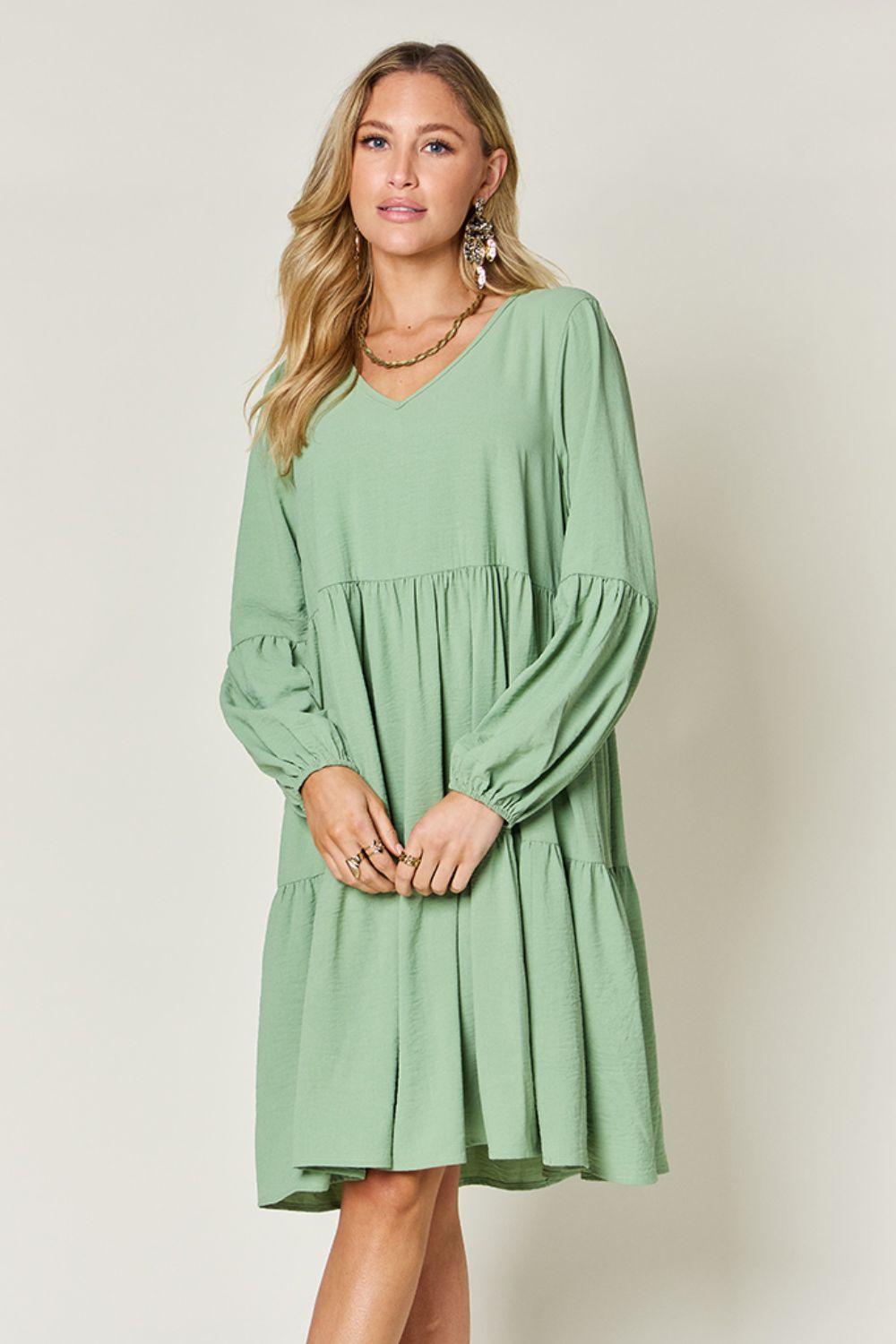 Double Take Full Size V-Neck Balloon Sleeve Tiered Dress Carauana Store