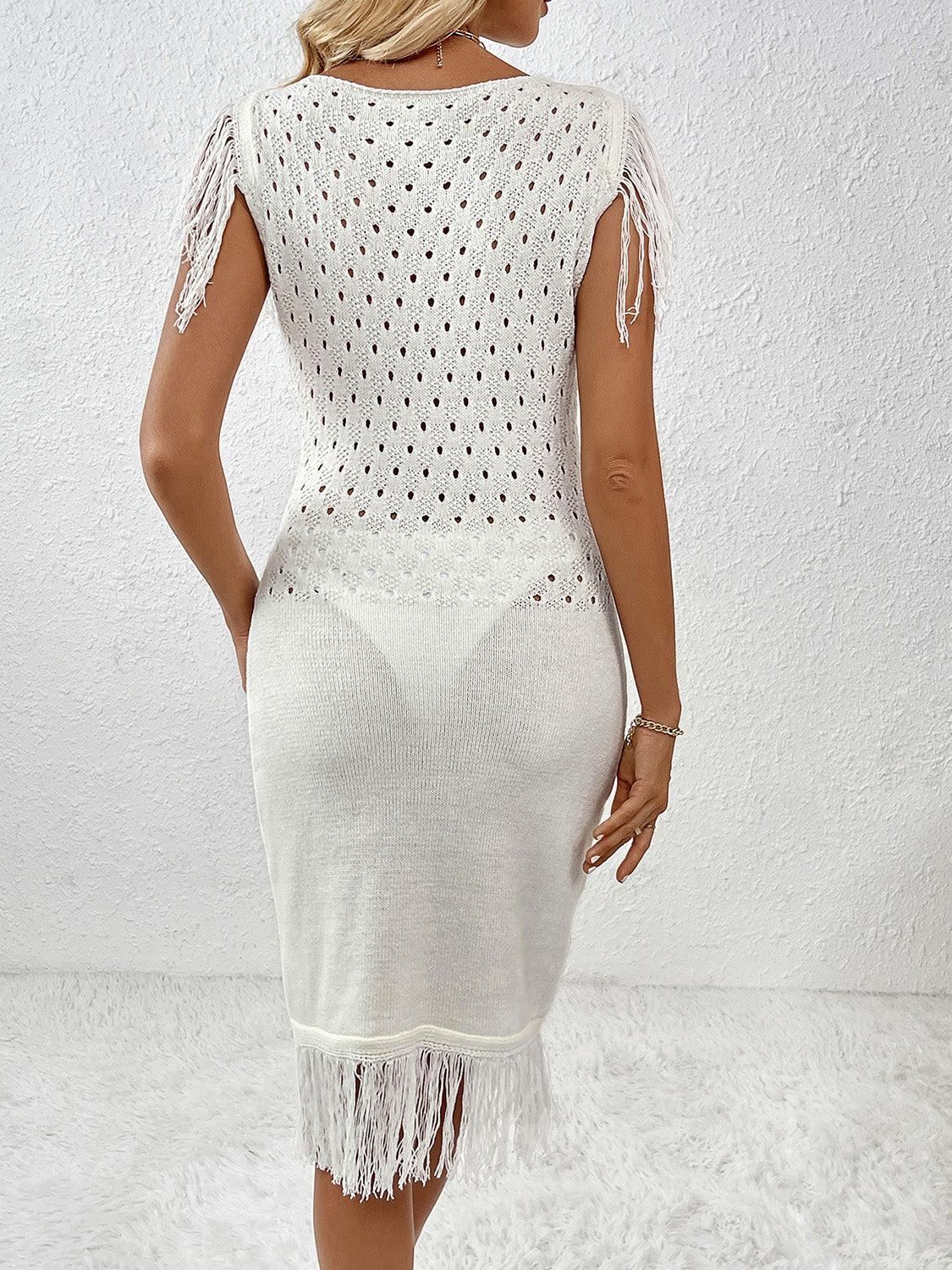 Fringe Openwork Boat Neck Knit Dress Carauana Store