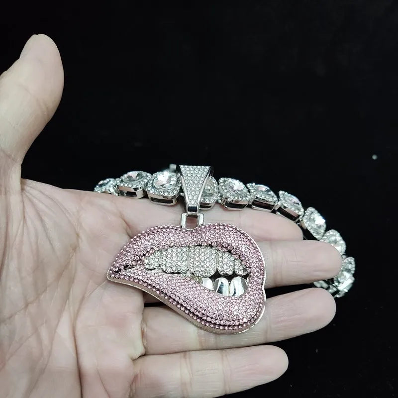 ZIDOM Bite Lip Necklace โ Rhinestone Pendant