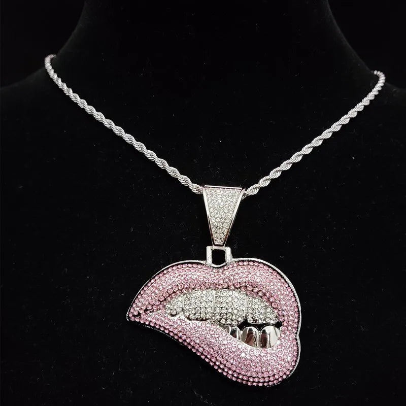 ZIDOM Bite Lip Necklace โ Rhinestone Pendant