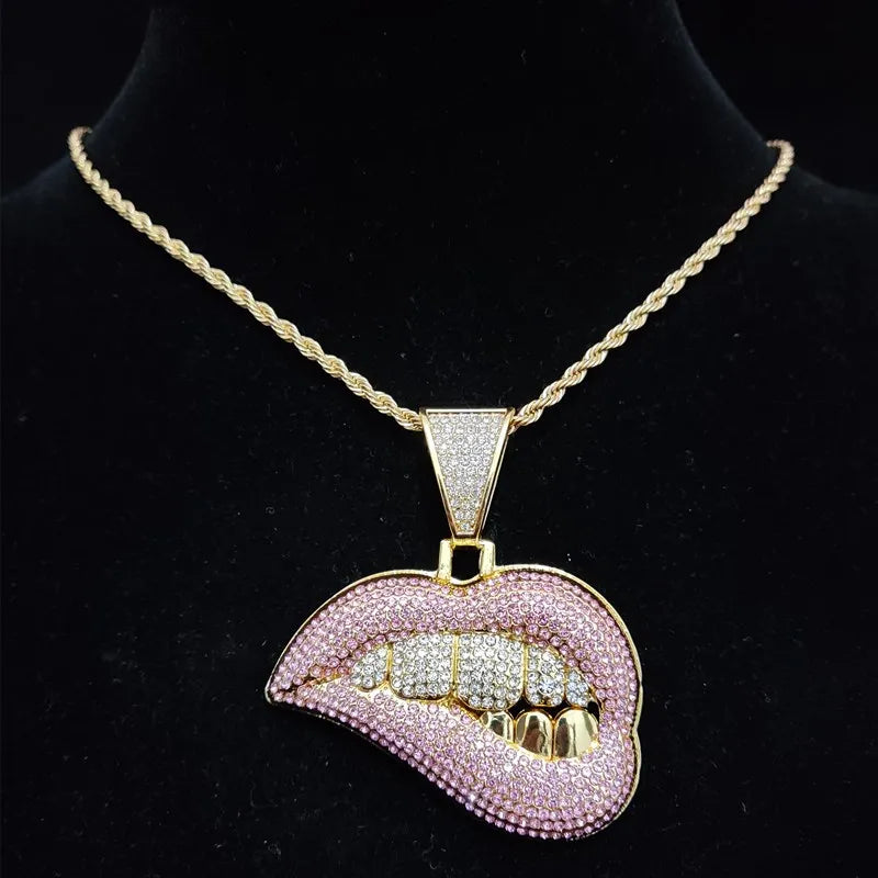 ZIDOM Bite Lip Necklace โ Rhinestone Pendant
