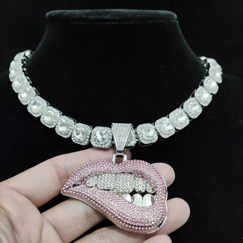 ZIDOM Bite Lip Necklace โ Rhinestone Pendant